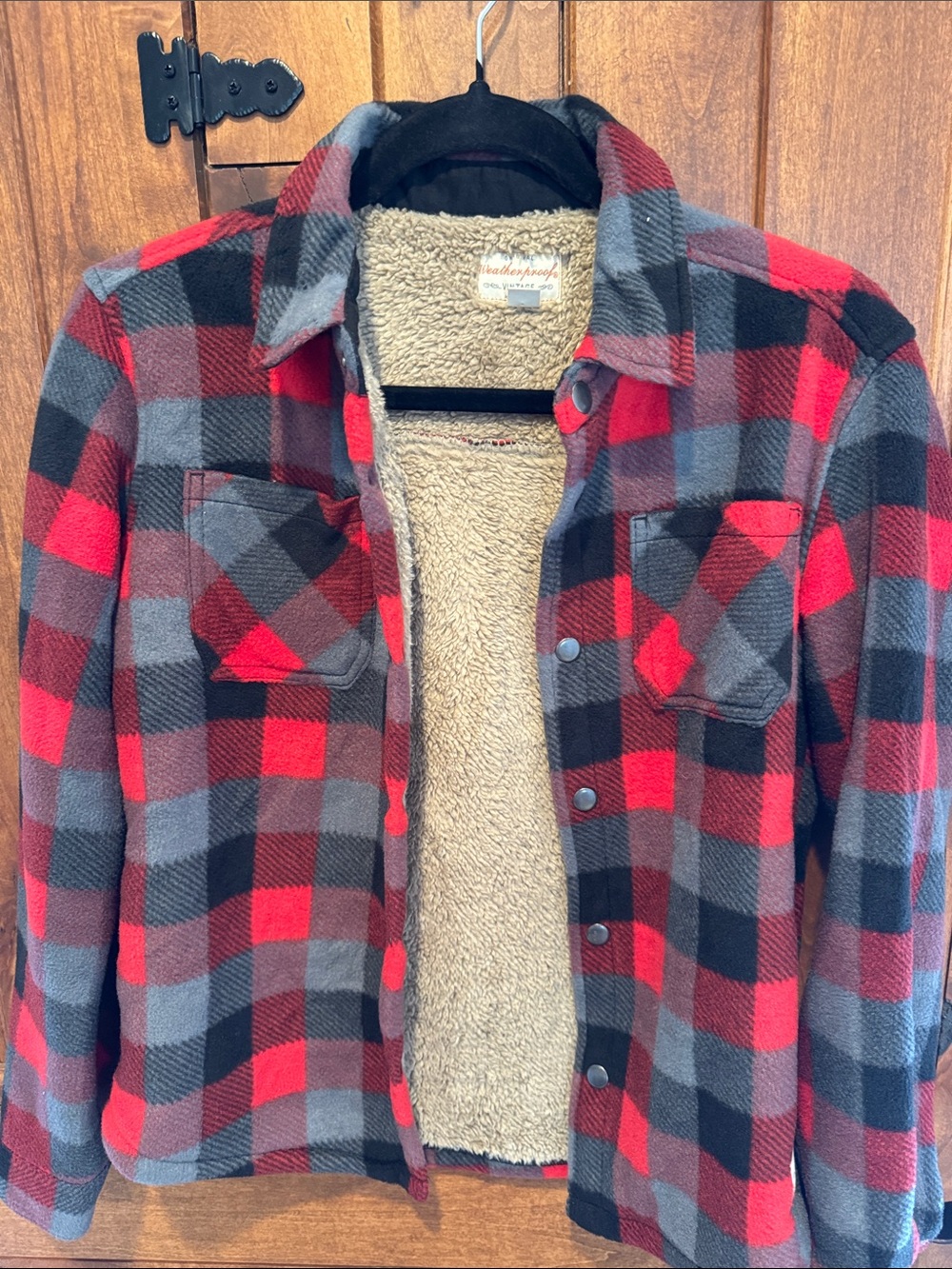 Weatherproof Red Black Gray Plaid Sherpa-Lined Shirt Jacket